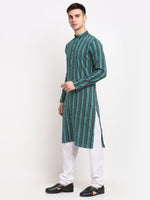 Thumbnail for Jompers Men's Green Cotton Striped Kurta Payjama Sets