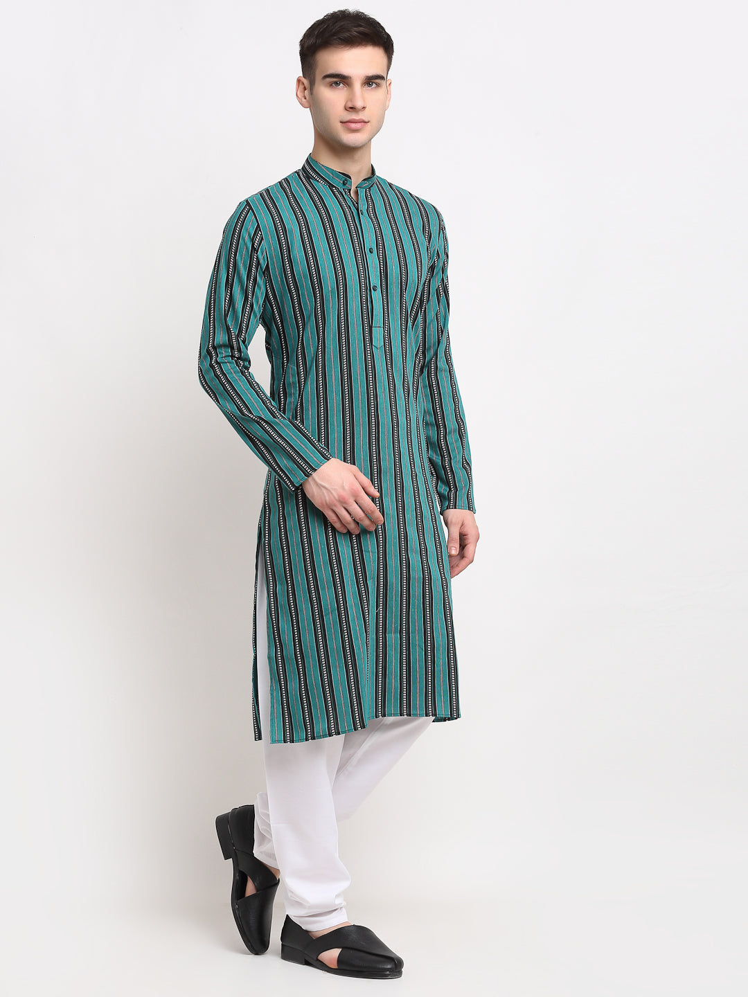 Jompers Men's Green Cotton Striped Kurta Payjama Sets