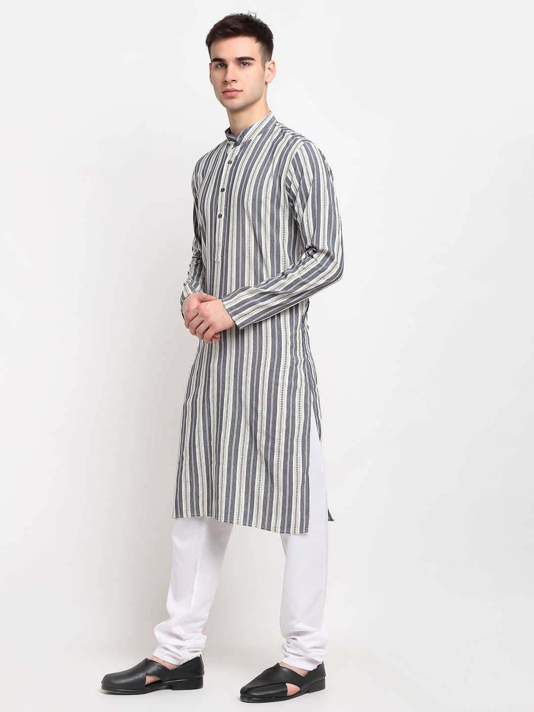 Jompers Men's Grey Cotton Striped Kurta Payjama Sets