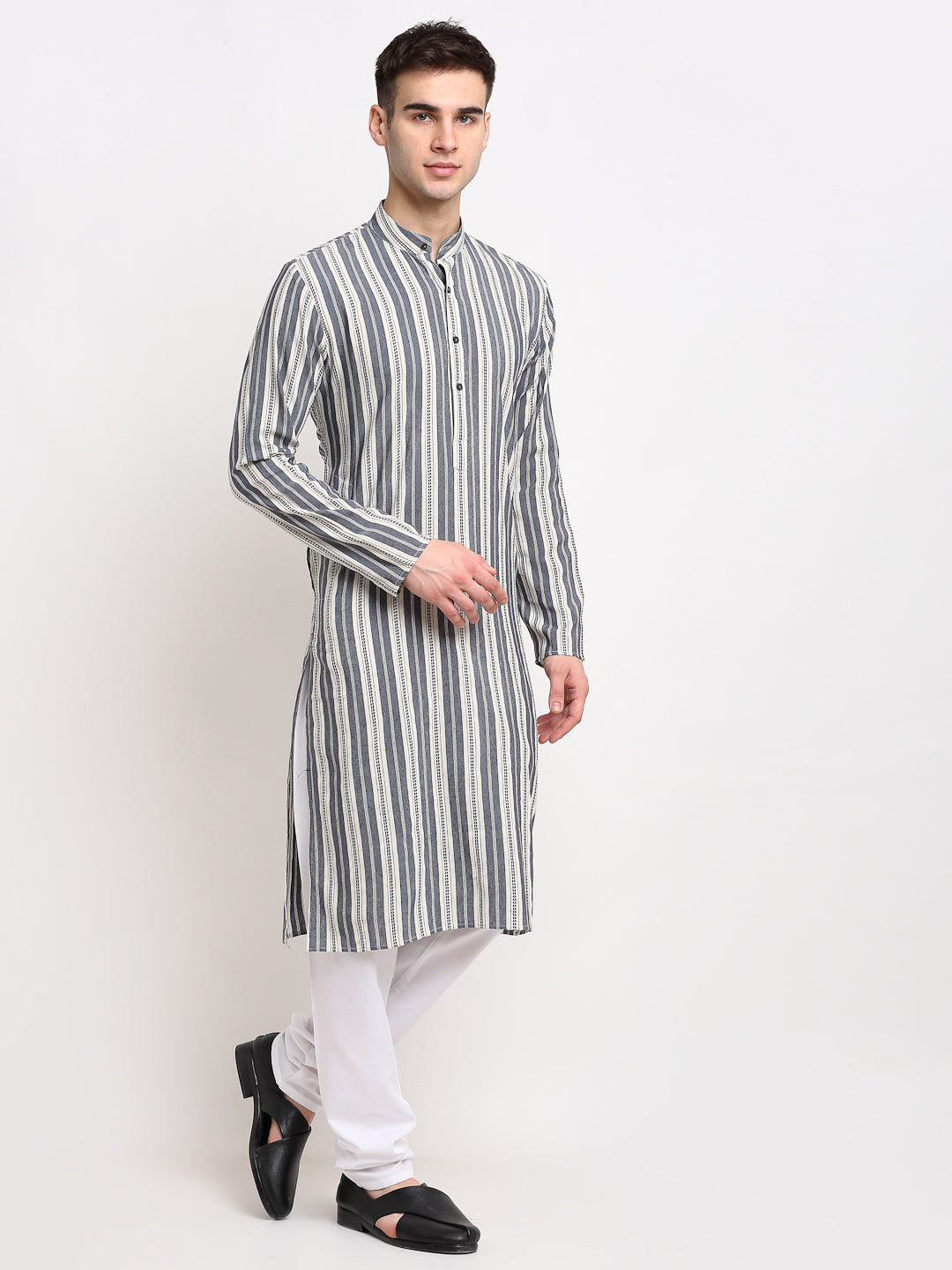 Jompers Men's Grey Cotton Striped Kurta Payjama Sets