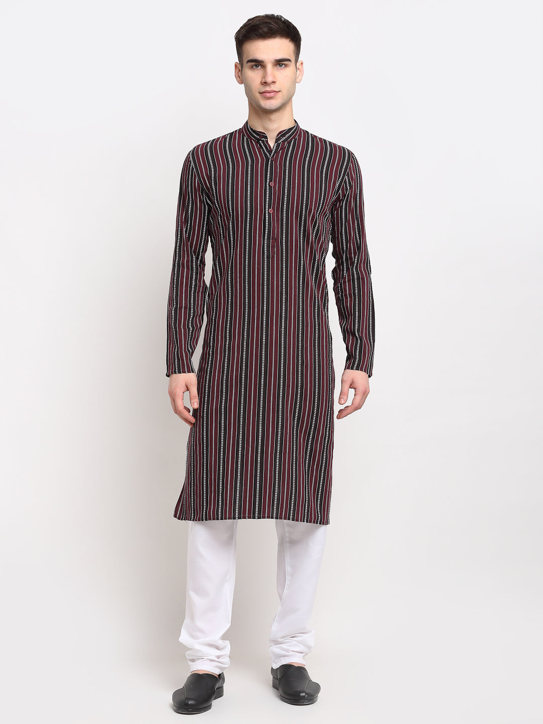 Jompers Men's Maroon Cotton Striped Kurta Only