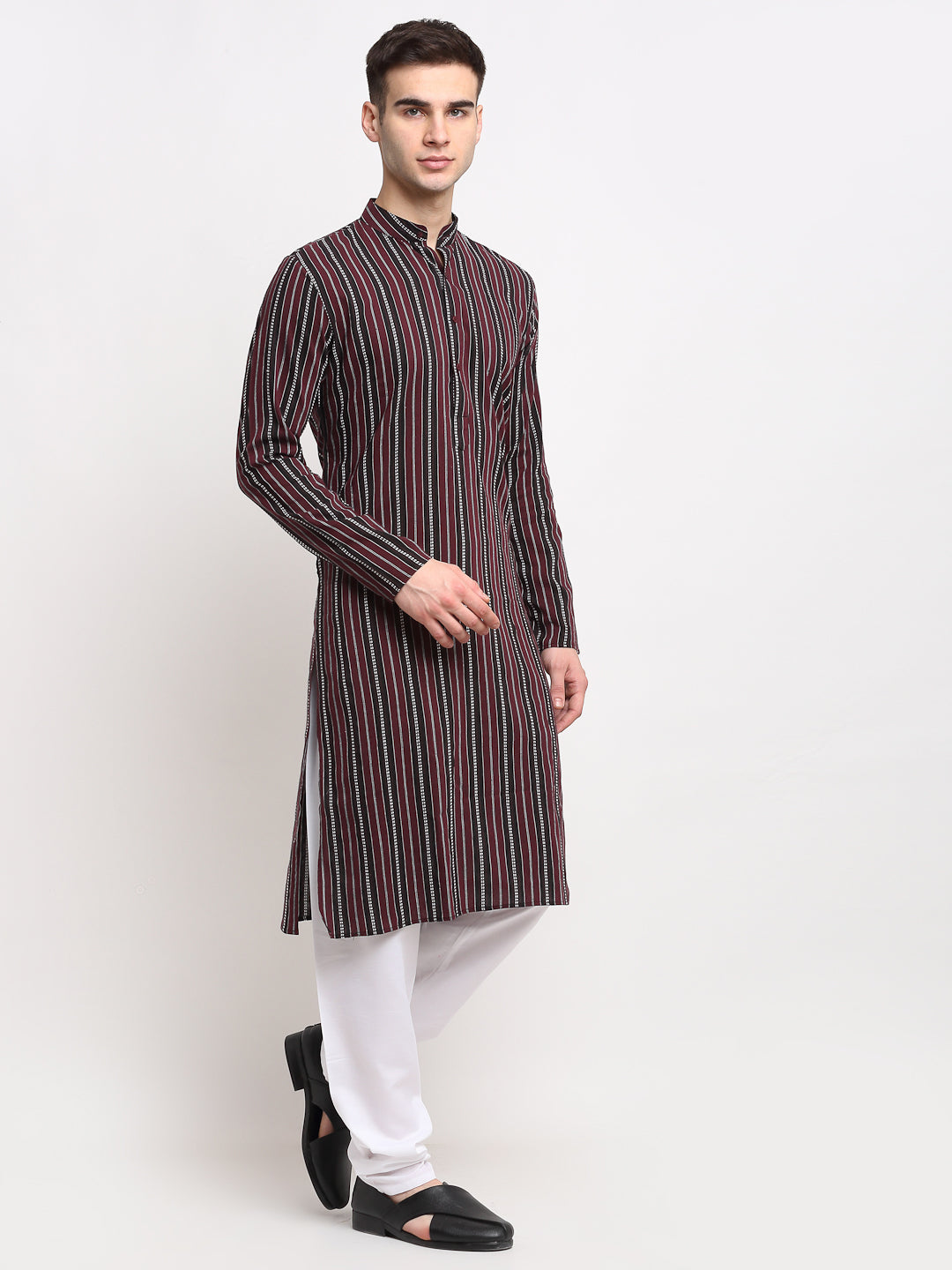 Jompers Men's Maroon Cotton Striped Kurta Payjama Sets