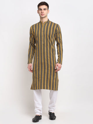 Jompers Men's Mustard Cotton Striped Kurta Payjama Sets