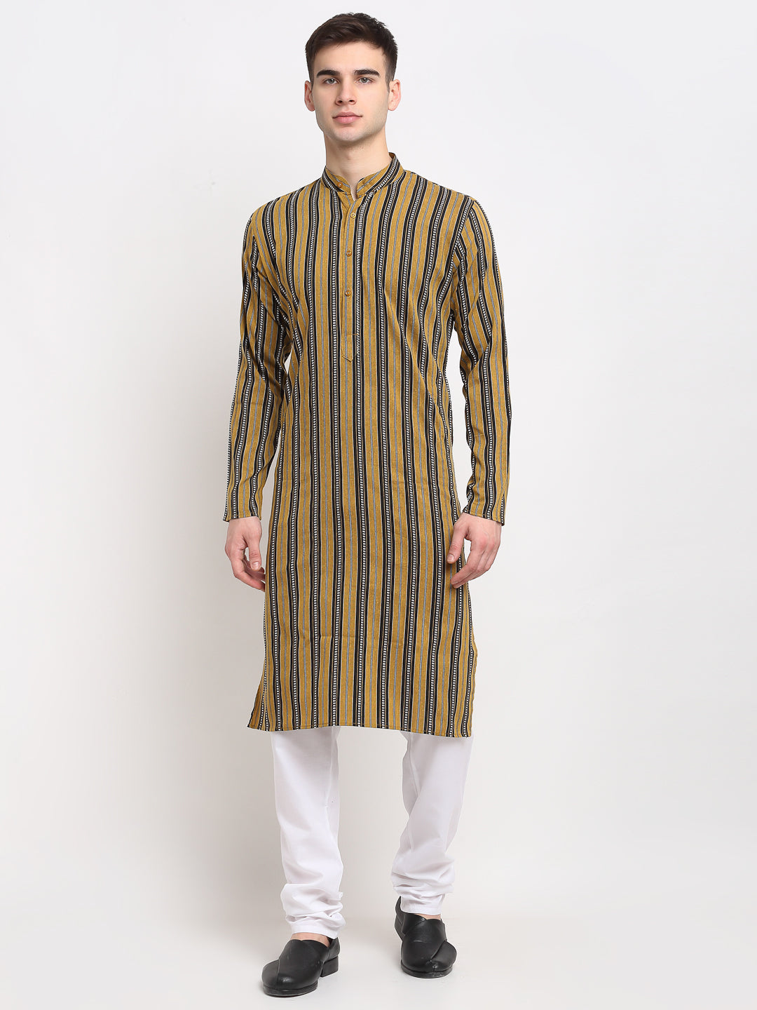 Jompers Men's Mustard Cotton Striped Kurta Only