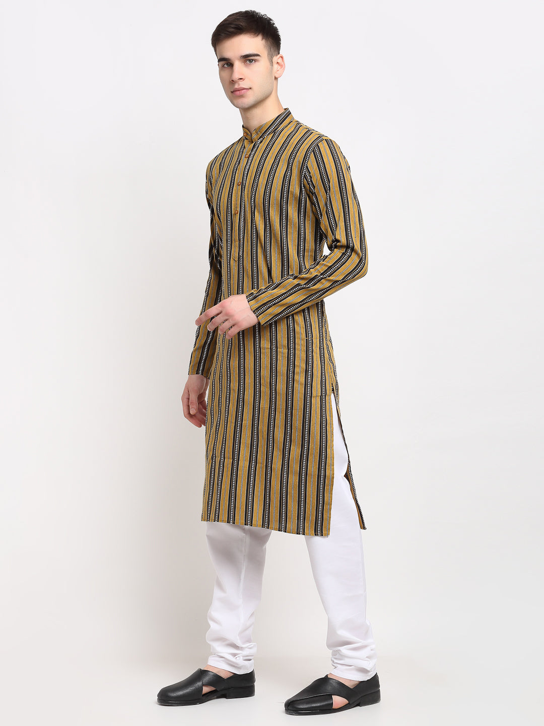 Jompers Men's Mustard Cotton Striped Kurta Payjama Sets