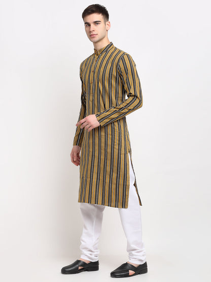 Jompers Men's Mustard Cotton Striped Kurta Payjama Sets
