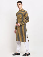 Thumbnail for Jompers Men's Mustard Cotton Striped Kurta Only