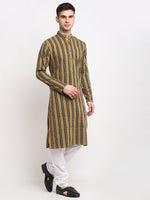 Thumbnail for Jompers Men's Mustard Cotton Striped Kurta Payjama Sets