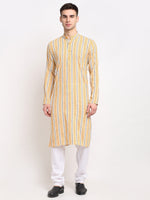 Thumbnail for Jompers Men's Yellow Cotton Striped Kurta Payjama Sets