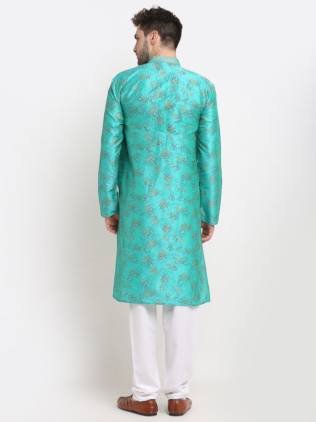 Jompers Men's Green Dupion Printed Kurta Payjama Sets