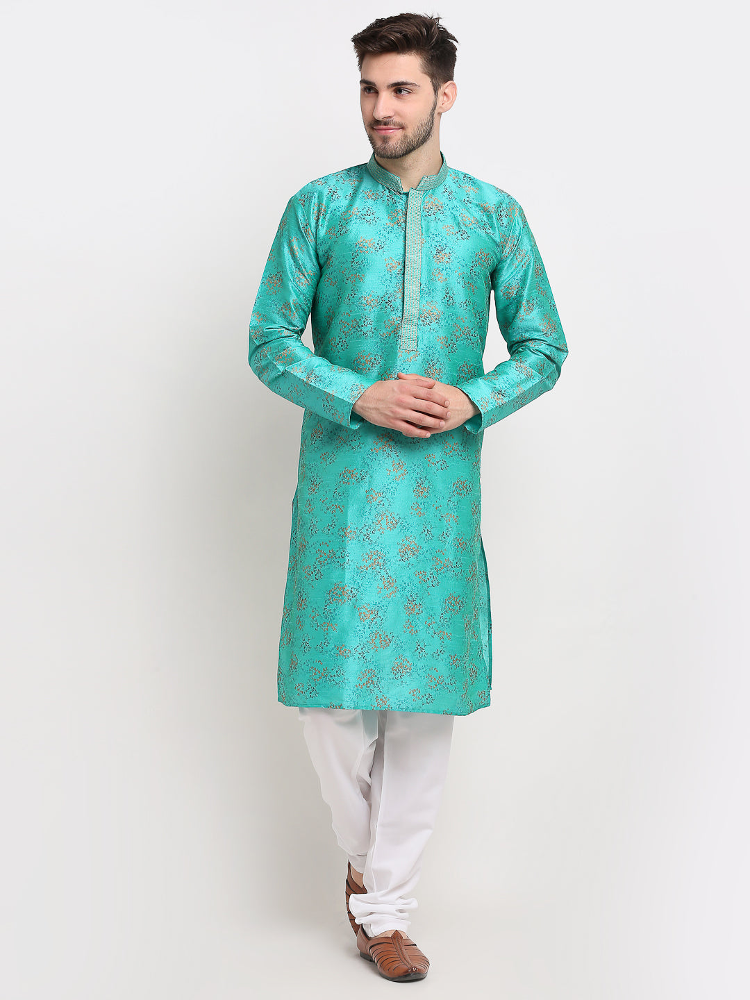 Jompers Men's Green Dupion Printed Kurta Only