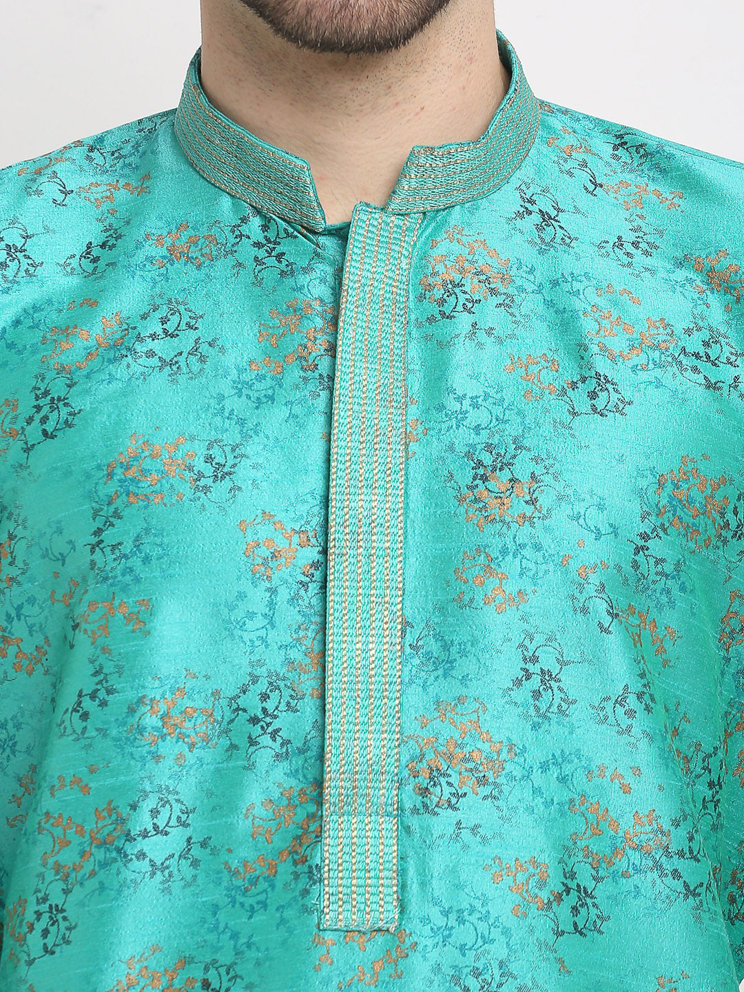 Jompers Men's Green Dupion Printed Kurta Only