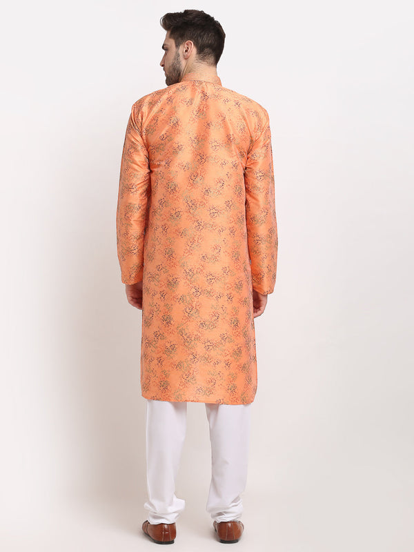 Jompers Men's Orange Dupion Printed Kurta Payjama Sets