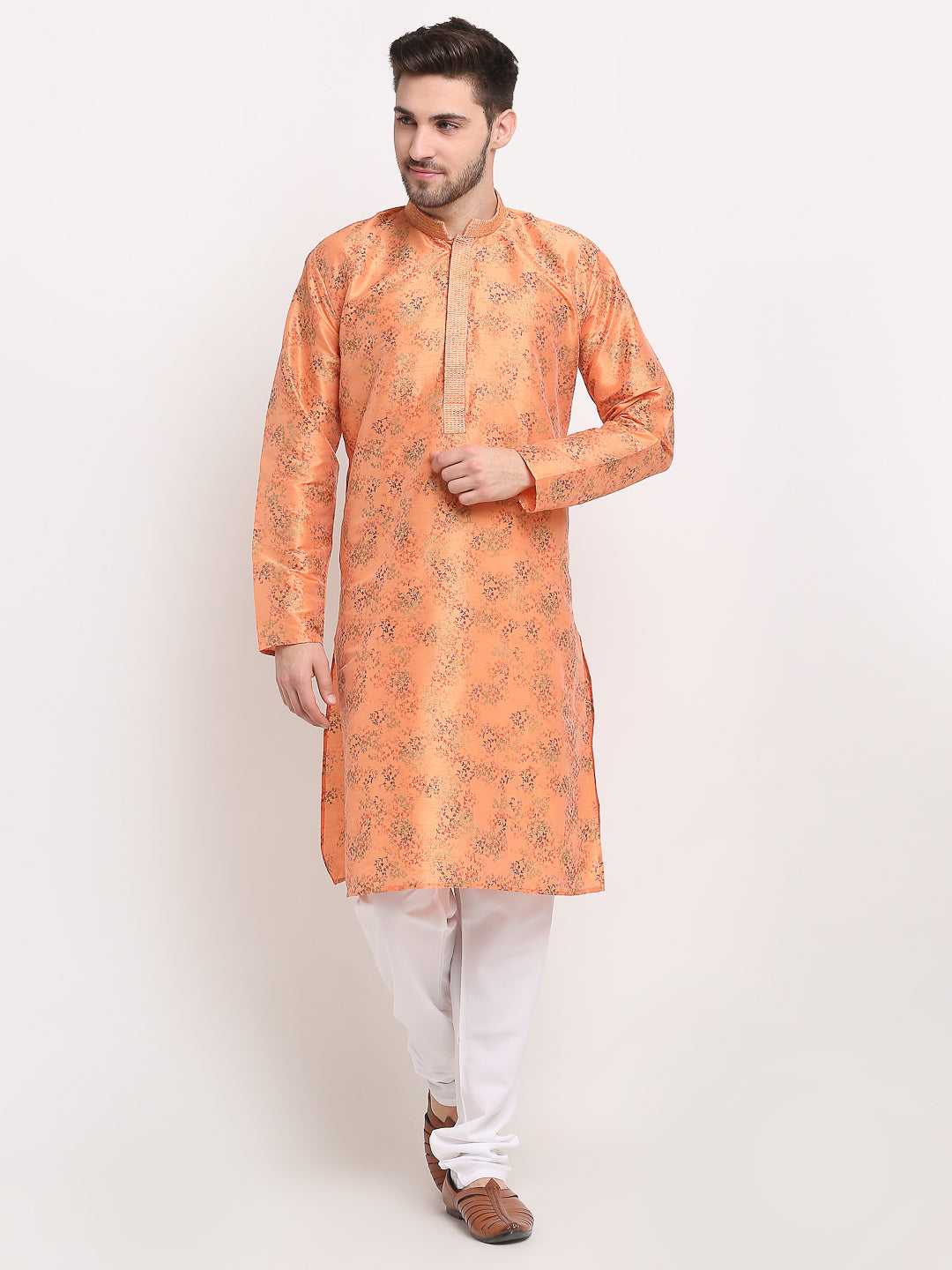 Jompers Men's Orange Dupion Printed Kurta Only