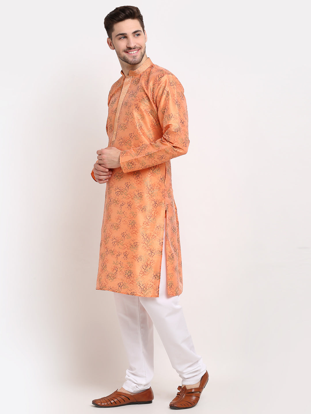 Jompers Men's Orange Dupion Printed Kurta Payjama Sets