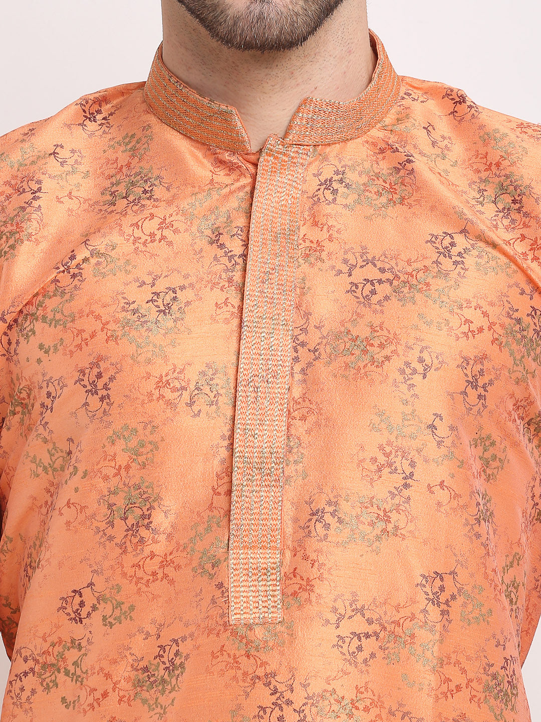 Jompers Men's Orange Dupion Printed Kurta Payjama Sets