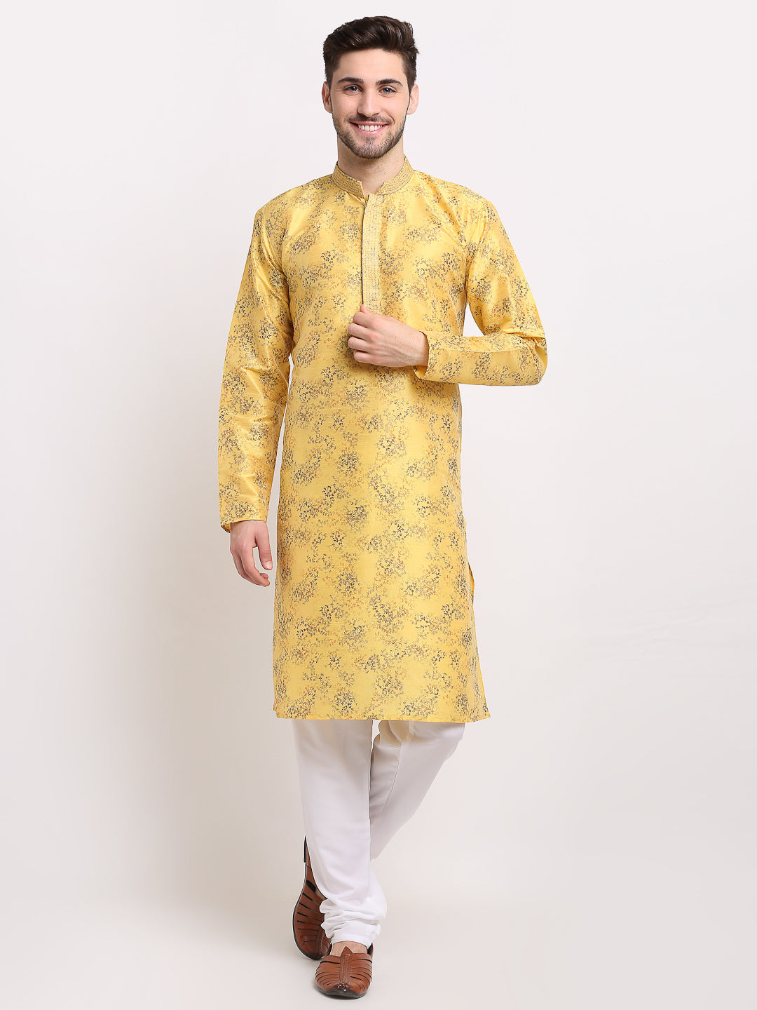 Jompers Men's Yellow Dupion Printed Kurta Payjama Sets