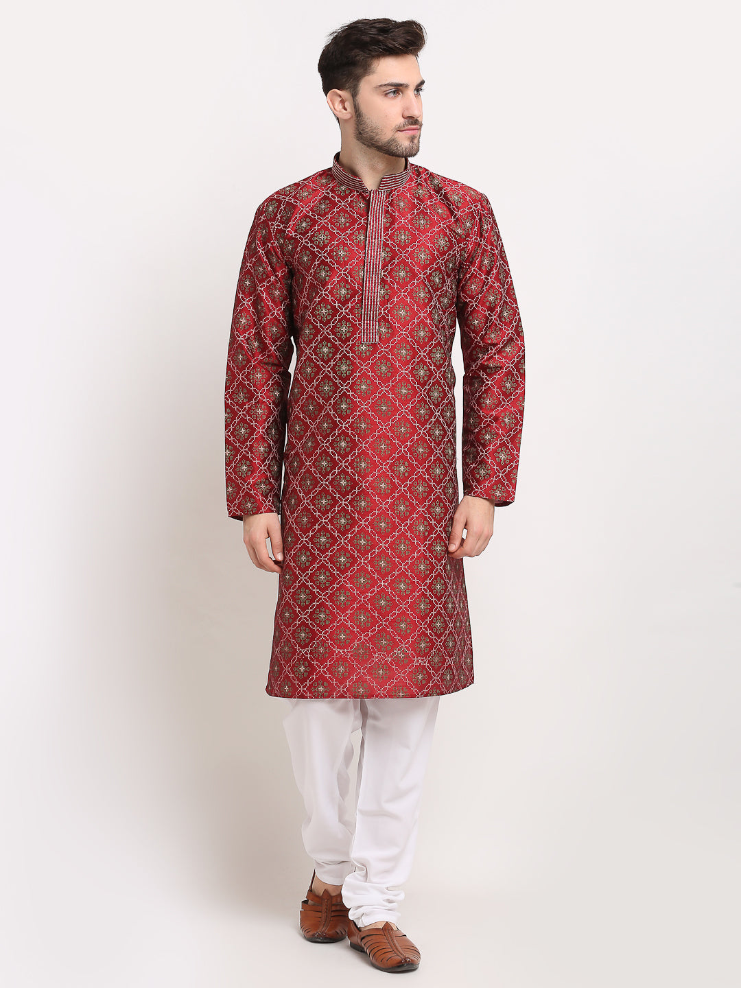 Jompers Men's Maroon Woven Kurta Payjama Sets