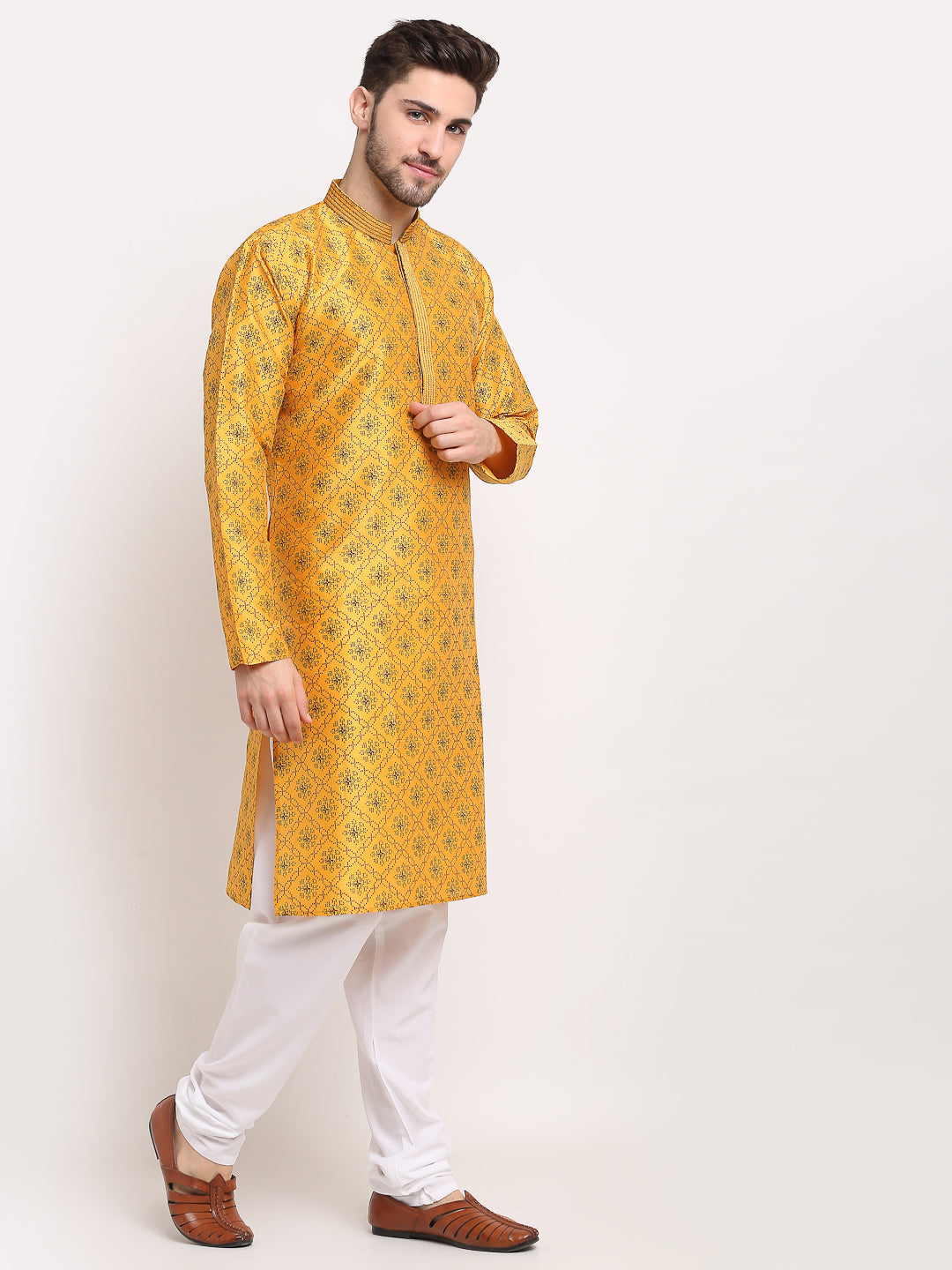 Jompers Men's Mustard Woven Kurta Payjama Sets