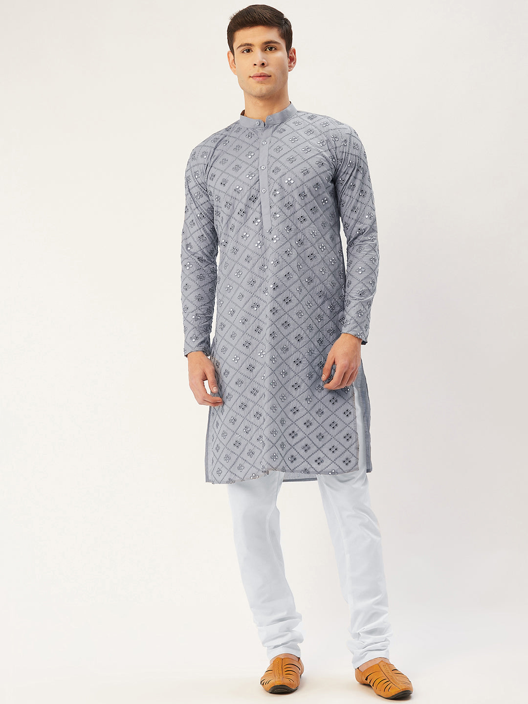 Jompers Men's Grey Embroidered Mirror Work Kurta Only