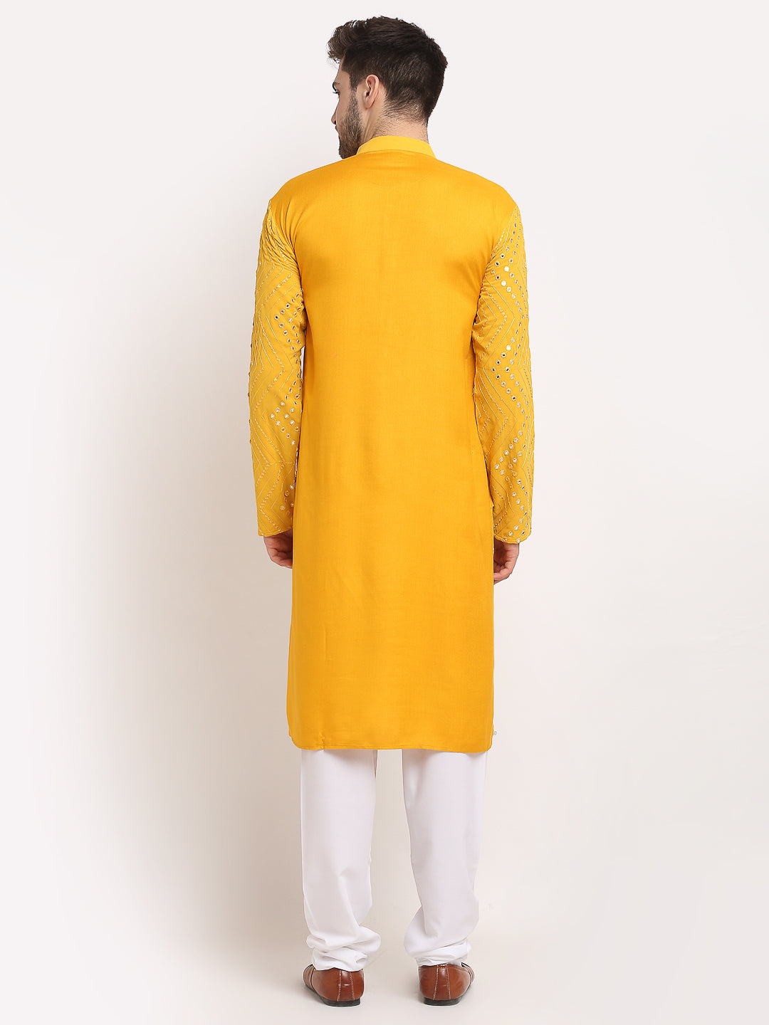 Jompers Men's Mustard Printed Mirror Kurta Payjama Sets