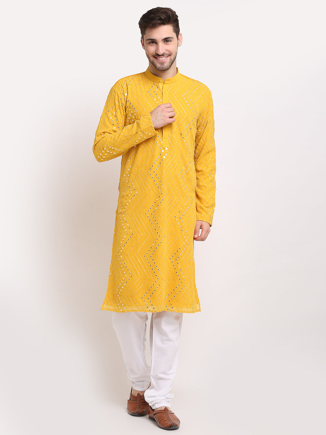 Jompers Men's Mustard Printed Mirror Kurta Payjama Sets