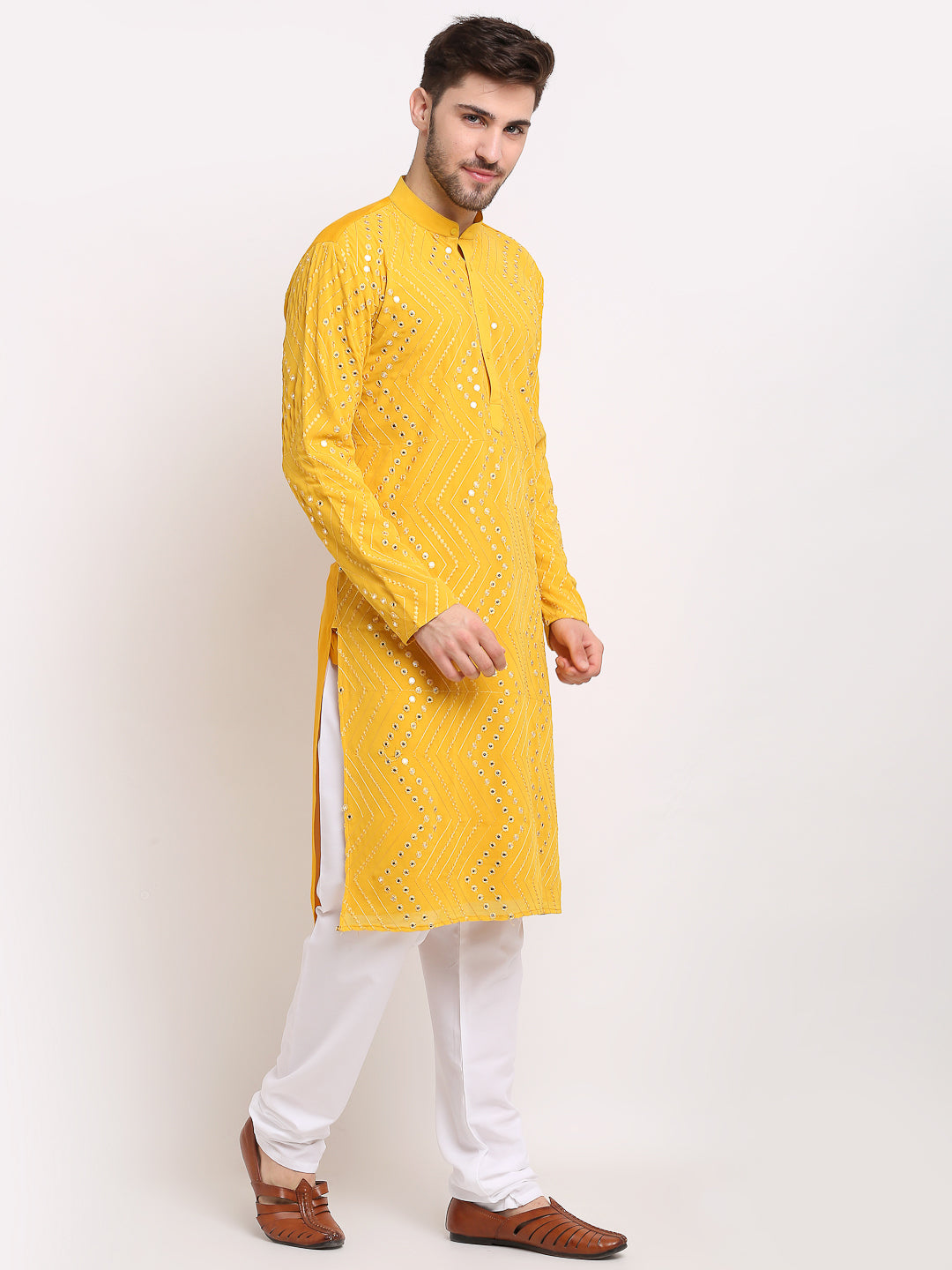Jompers Men's Mustard Printed Mirror Kurta Payjama Sets