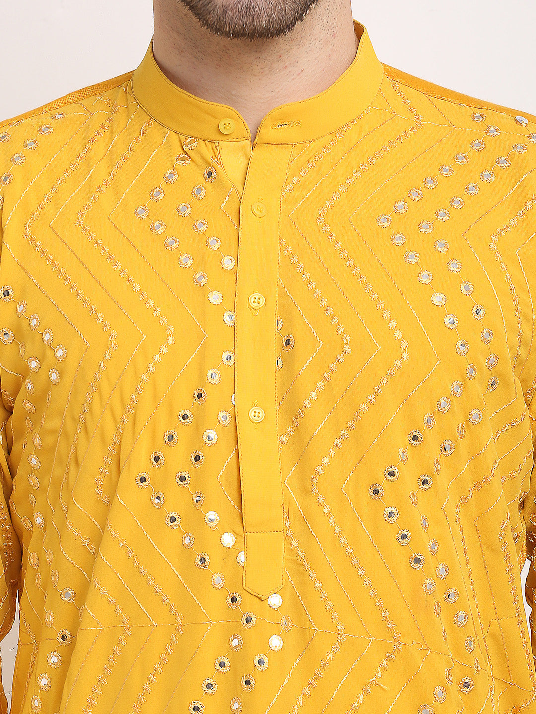Jompers Men's Mustard Printed Mirror Kurta Payjama Sets