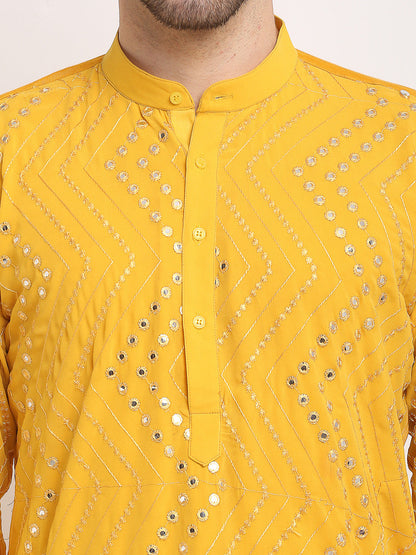 Jompers Men's Mustard Printed Mirror Kurta Payjama Sets