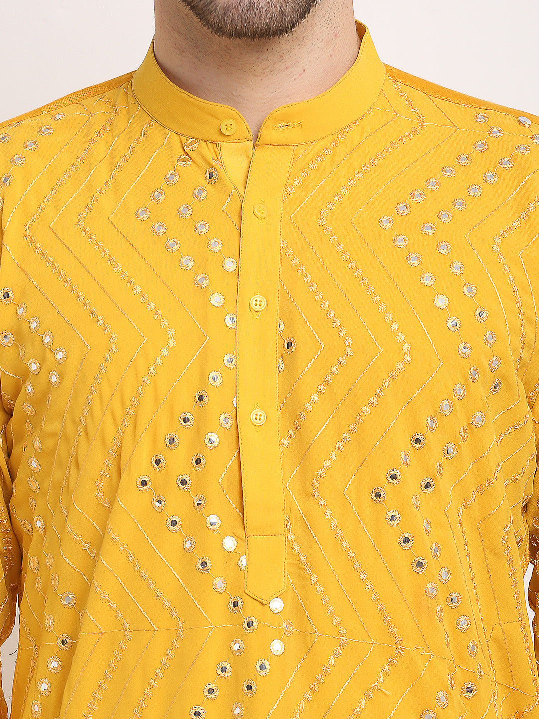 Jompers Men's Mustard Printed Mirror Kurta Only