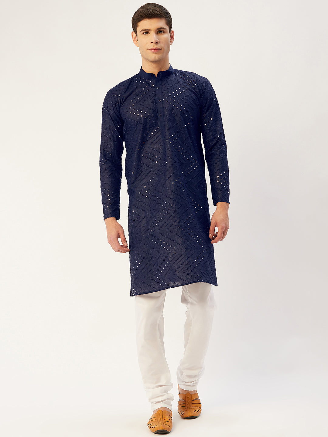Jompers Men's Navy Embroidered Mirror Work Kurta Pyjama