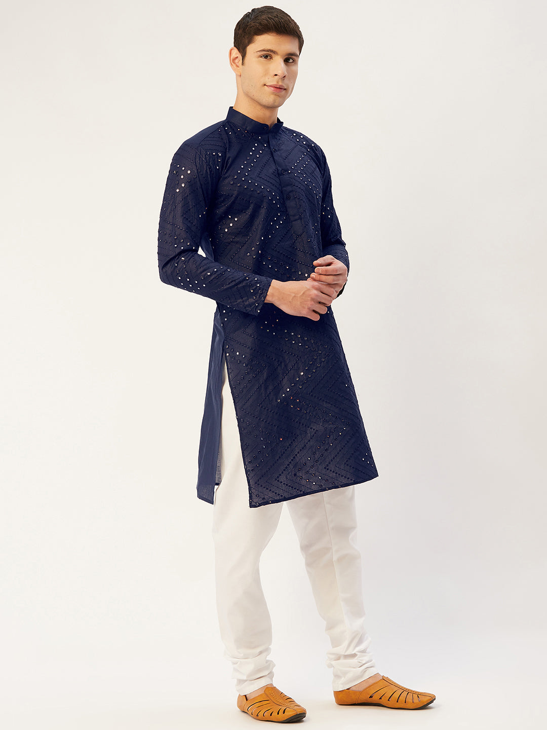 Jompers Men's Navy Embroidered Mirror Work Kurta Pyjama
