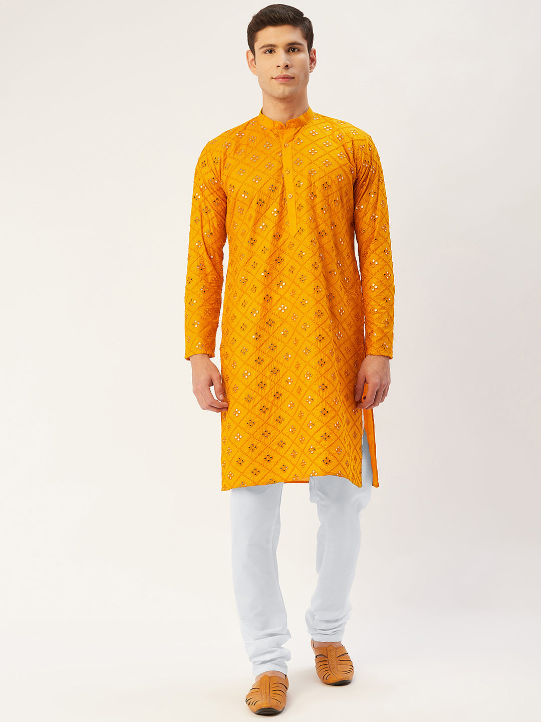 Jompers Men's Yellow Embroidered Mirror Work Kurta Only
