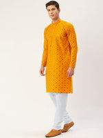 Thumbnail for Jompers Men's Yellow Embroidered Mirror Work Kurta Pyjama