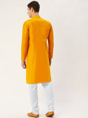 Jompers Men's Yellow Embroidered Mirror Work Kurta Only