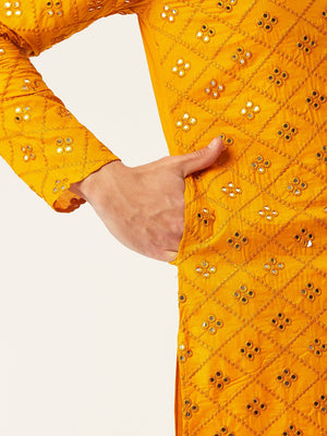 Jompers Men's Yellow Embroidered Mirror Work Kurta Only