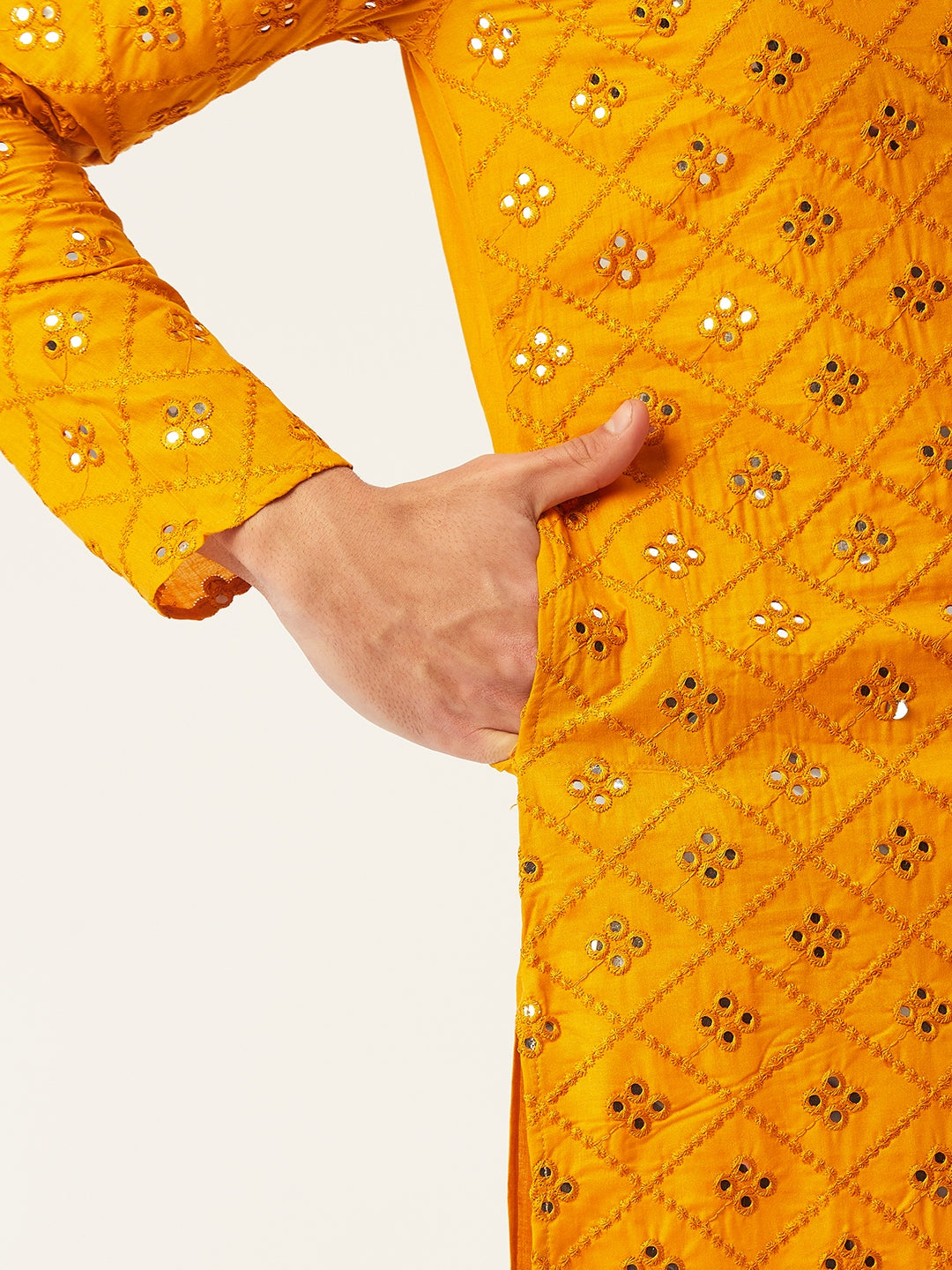 Jompers Men's Yellow Embroidered Mirror Work Kurta Pyjama
