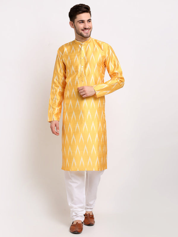 Jompers Men's Mustard Dupion Ikkat Kurta Only