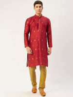 Thumbnail for Jompers Men's Maroon Coller Embroidered Woven Design Kurta Only
