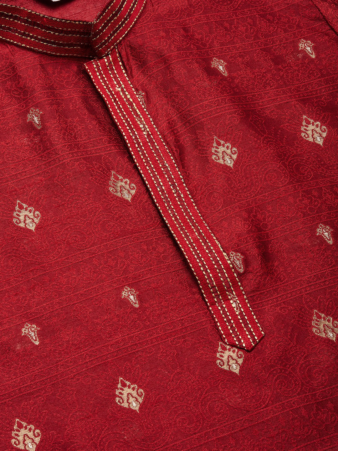 Jompers Men's Maroon Coller Embroidered Woven Design Kurta Only