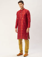 Thumbnail for Jompers Men's Maroon Coller Embroidered Woven Design Kurta Only