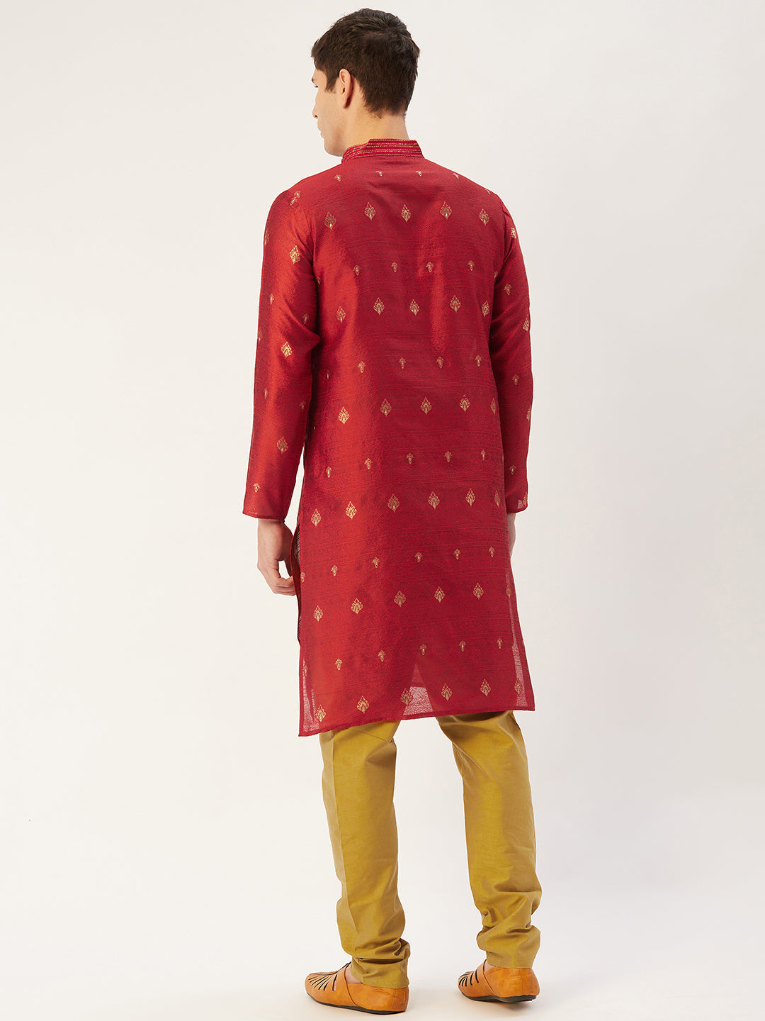 Jompers Men's Maroon Coller Embroidered Woven Design Kurta Only