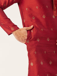Thumbnail for Jompers Men's Maroon Coller Embroidered Woven Design Kurta Pyjama
