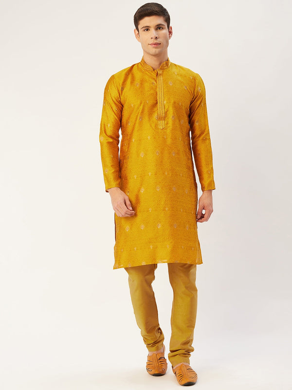 Jompers Men's Mustard Coller Embroidered Woven Design Kurta Only