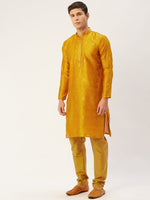 Thumbnail for Jompers Men's Mustard Coller Embroidered Woven Design Kurta Only