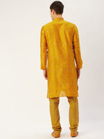 Thumbnail for Jompers Men's Mustard Coller Embroidered Woven Design Kurta Only