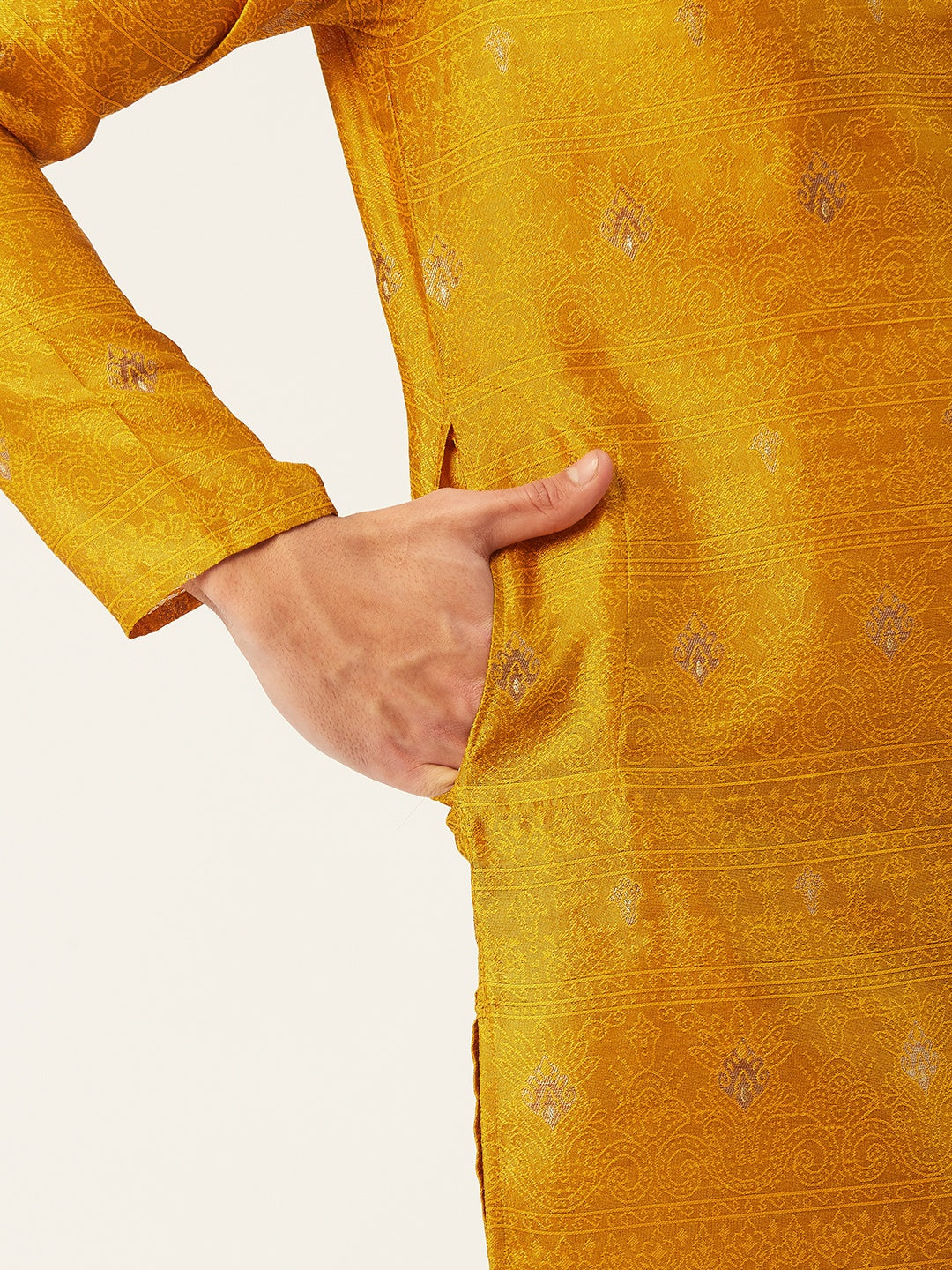 Jompers Men's Mustard Coller Embroidered Woven Design Kurta Only