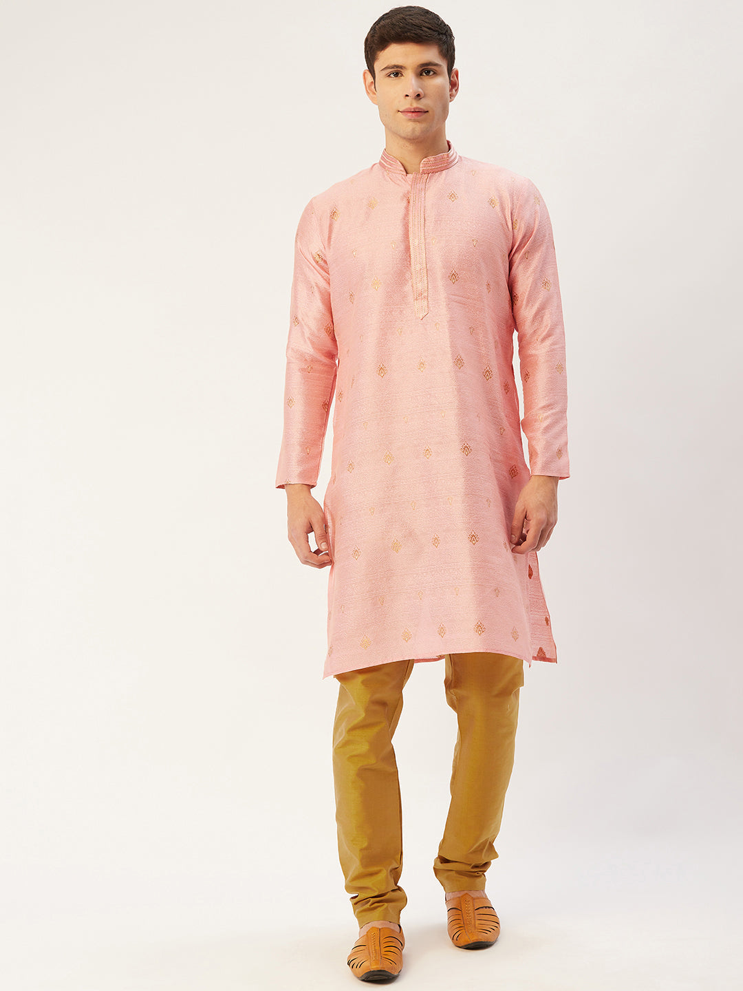 Jompers Men's Pink Coller Embroidered Woven Design Kurta Only