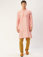 Thumbnail for Jompers Men's Pink Coller Embroidered Woven Design Kurta Only