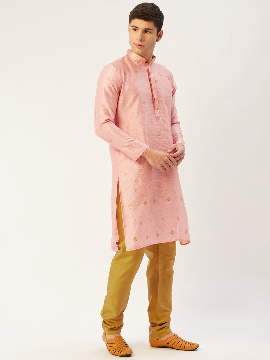 Jompers Men's Pink Coller Embroidered Woven Design Kurta Only